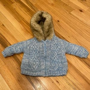 baby luxury faux fur lined blue sweater coat 6-9 m